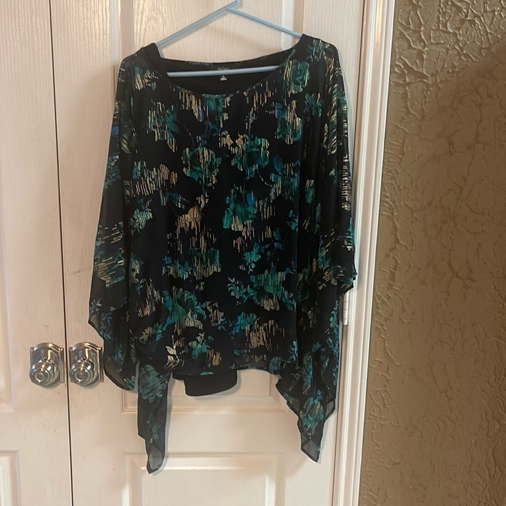 Investments Black Floral Metallic Accent Poncho Top